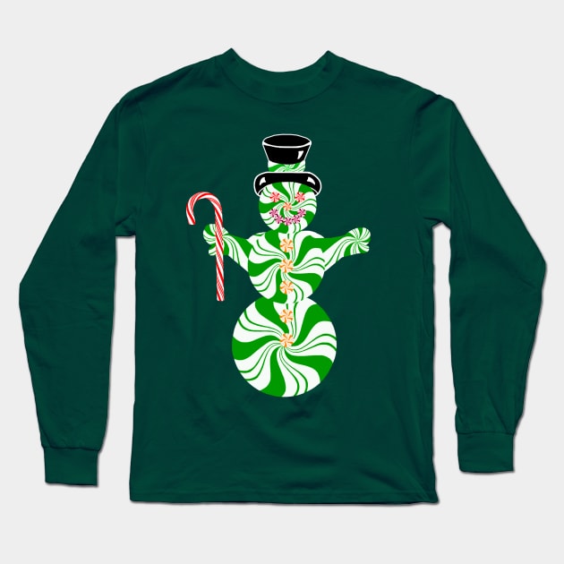 Spearmint Snowman with Striped Peppermint Candy Cane Long Sleeve T-Shirt by Art by Deborah Camp